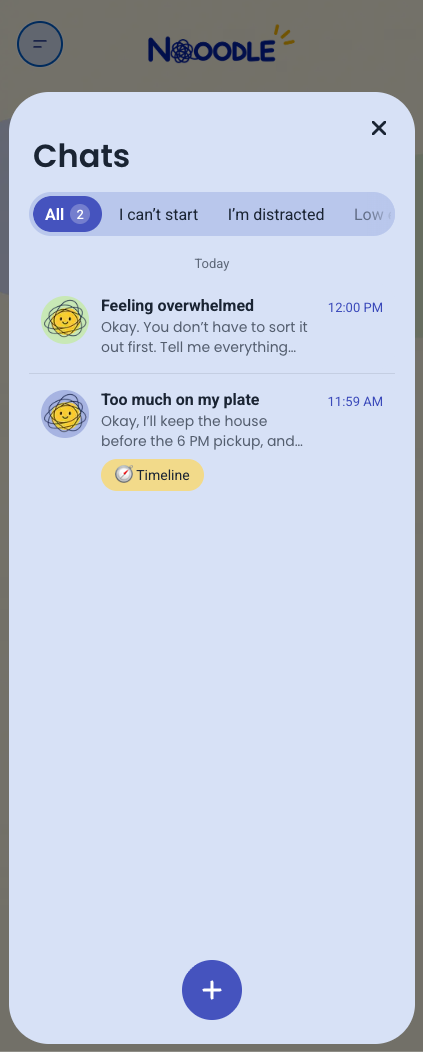 The Nooodle Chats list, with past conversations like “Feeling overwhelmed” and “Too much on my plate”, one with a Timeline.